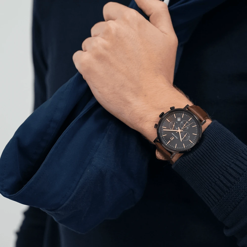 Montre Homme BARON Cadran Noir Bracelet Cuir Brun 4 Montre Homme BARON Cadran Noir Bracelet Cuir Brun – Image 2