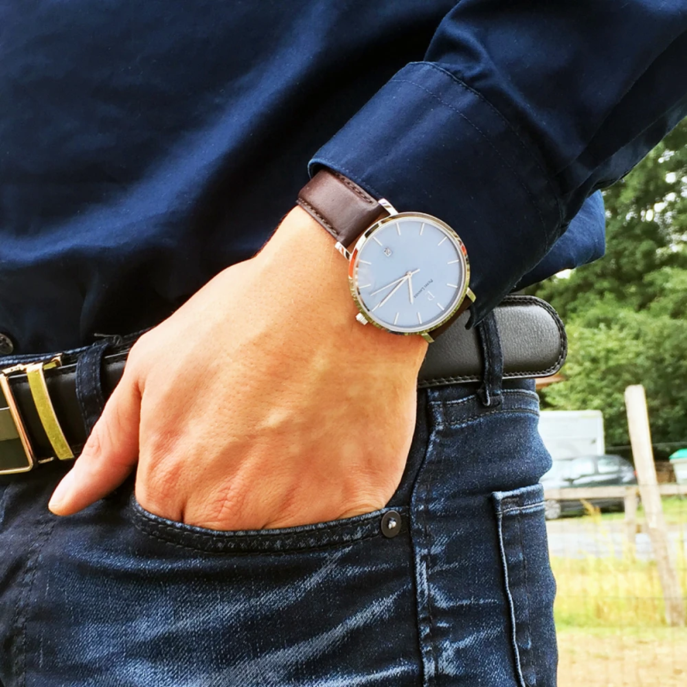 Montre Homme ECHO Cadran Bleu Bracelet Cuir Brun 4 Montre Homme ECHO Cadran Bleu Bracelet Cuir Brun – Image 2