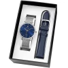 Coffret Homme ECHO Cadran Bleu Bracelet Acier Milanais Argenté